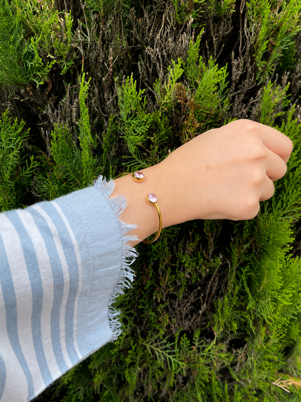 Pink Crystal Open Cuff - Stainless Steel